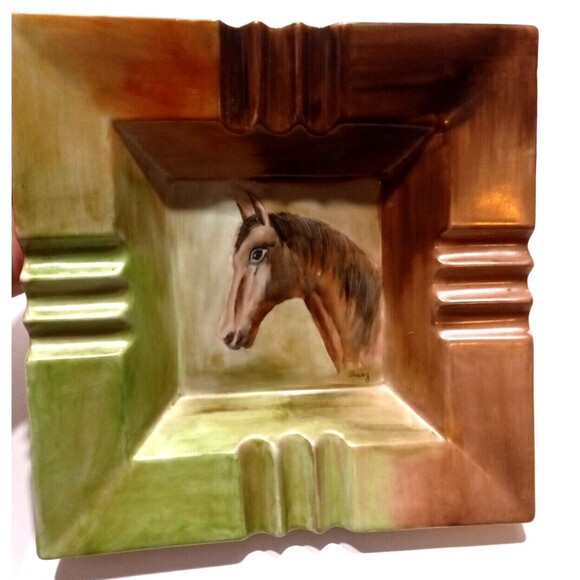MCM Western Horse Hand Painted Ashtray 8.5 x 8.5 Square Ranch Yellowstone Vibes - Picture 3 of 9